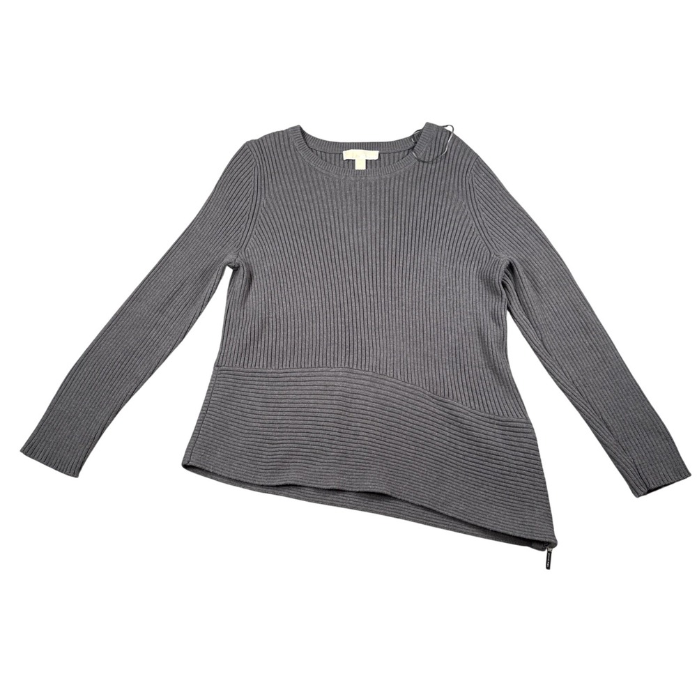 Michael Kors Womens Crewneck Sweater XL Gray Ribbed Asymmetrical Side Zipper
